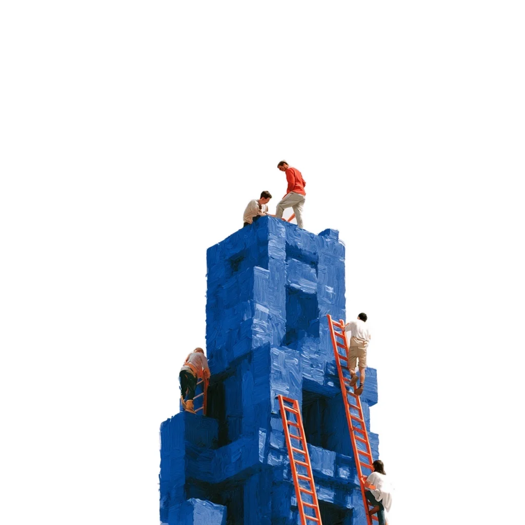 Painted illustration of people climbing orange ladders up a tall blue tower, with two of them working at the top